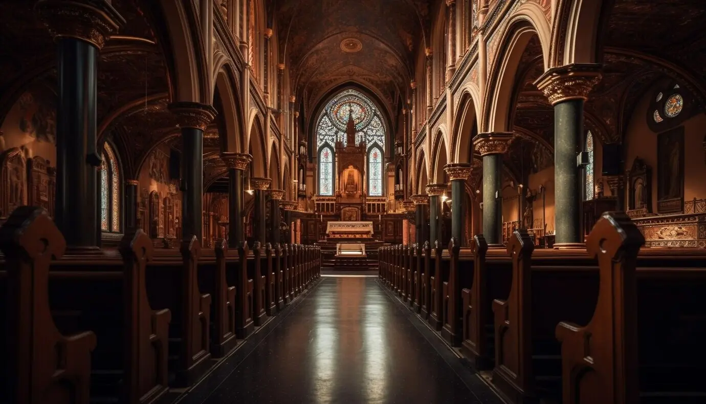 Alte Kapelle mit Buntglas und Altar, von KI generiert.