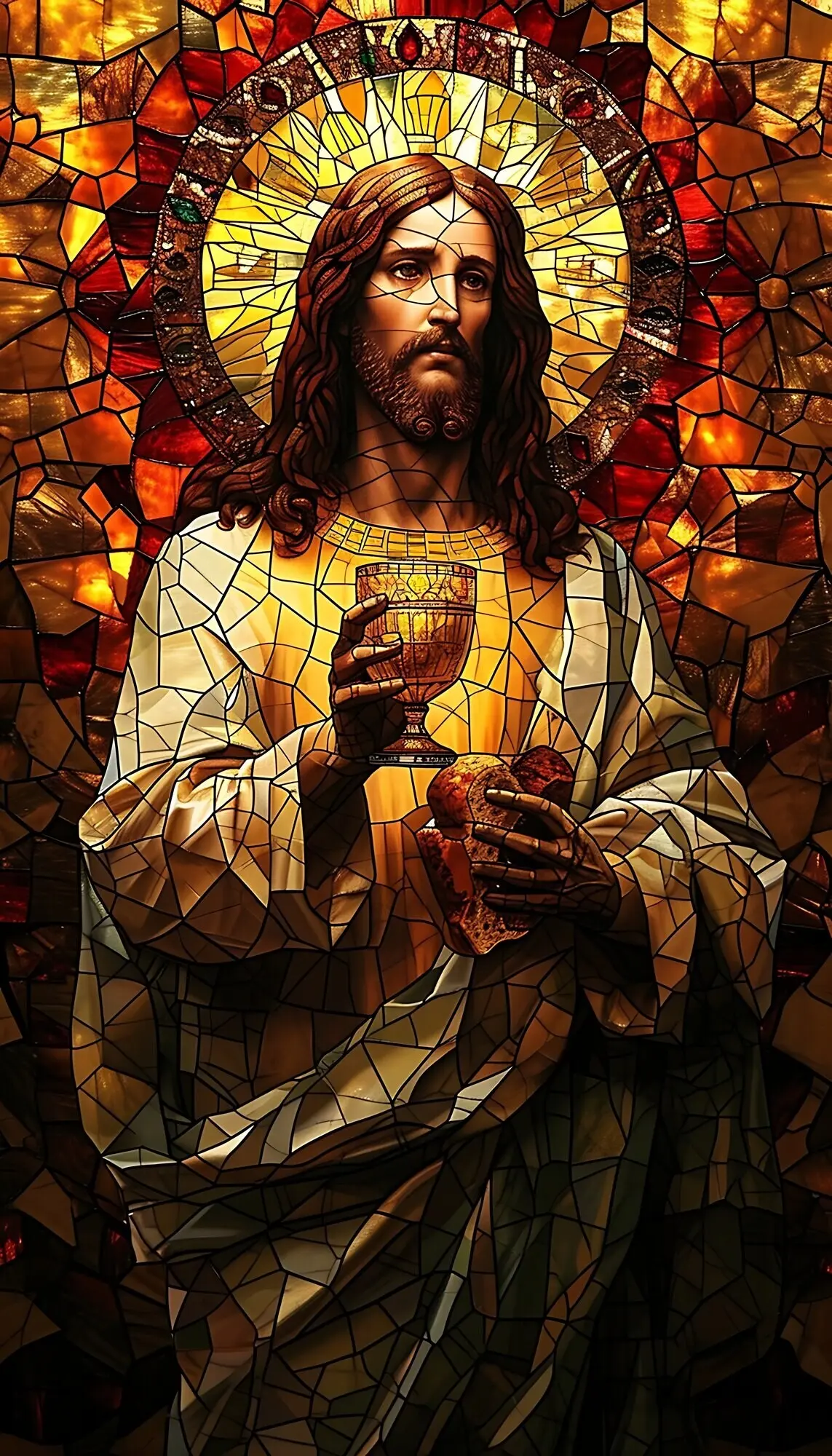 Farbenfrohes Buntglas mit einer Szene der heiligen Kommunion