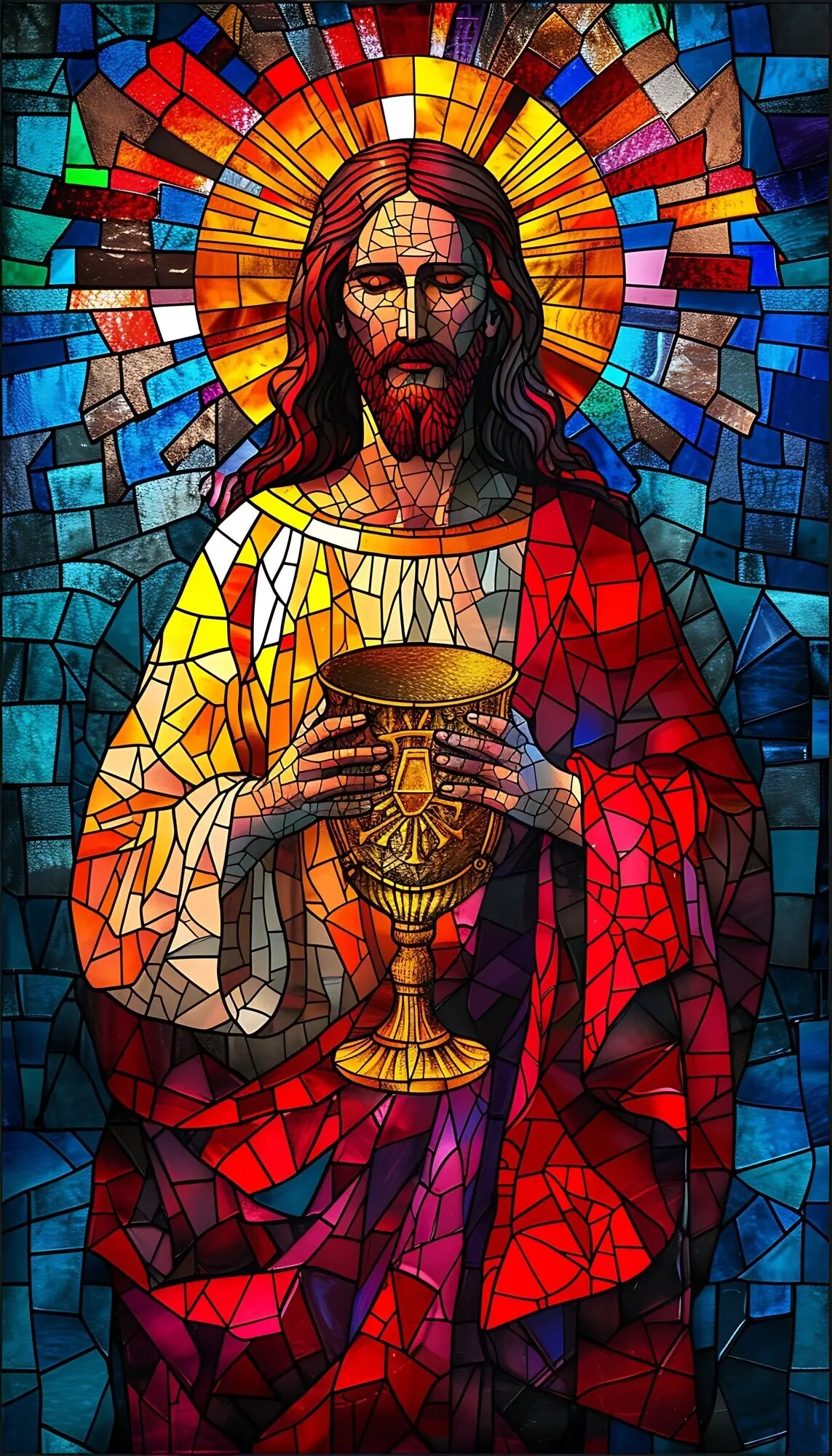 Religiöse Szene der Heiligen Kommunion, dargestellt auf farbenfrohem Buntglas.