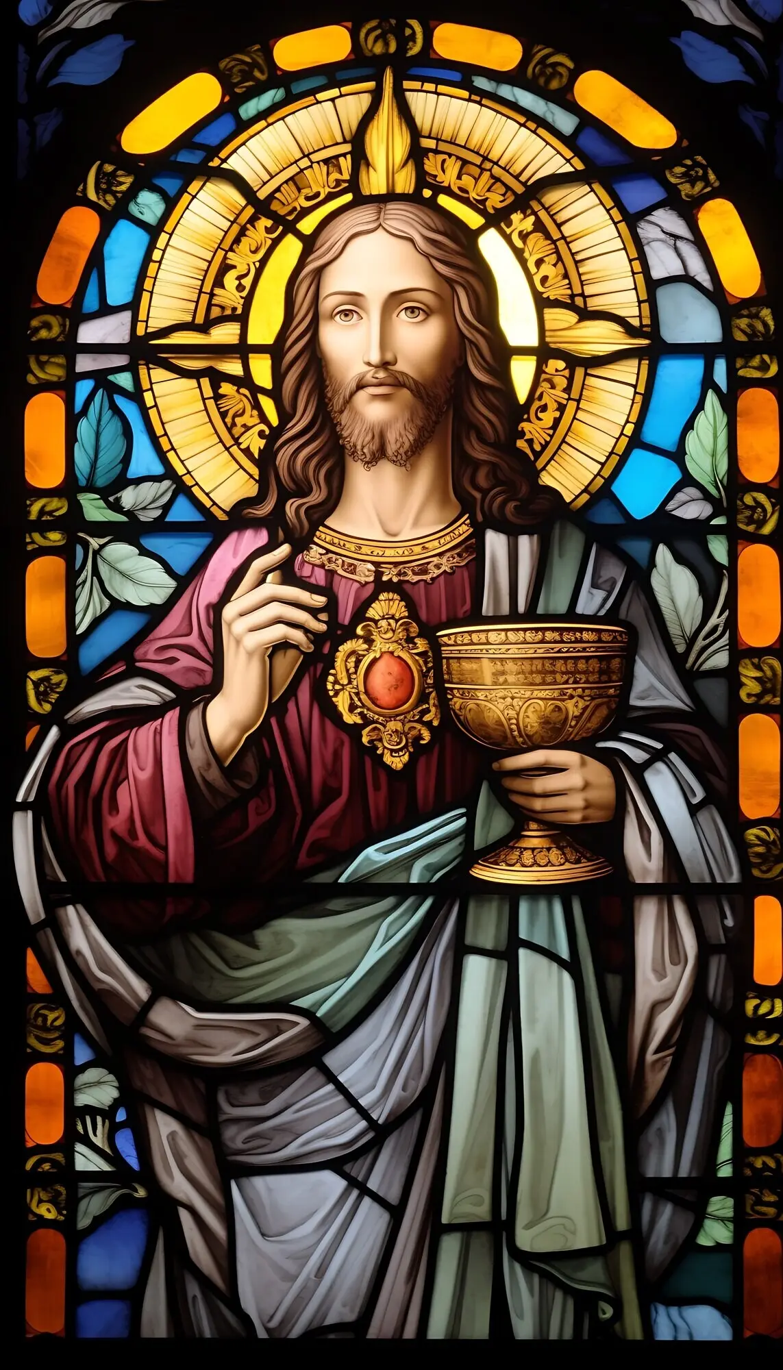 Farbiges Buntglas mit einer Szene der Heiligen Kommunion.